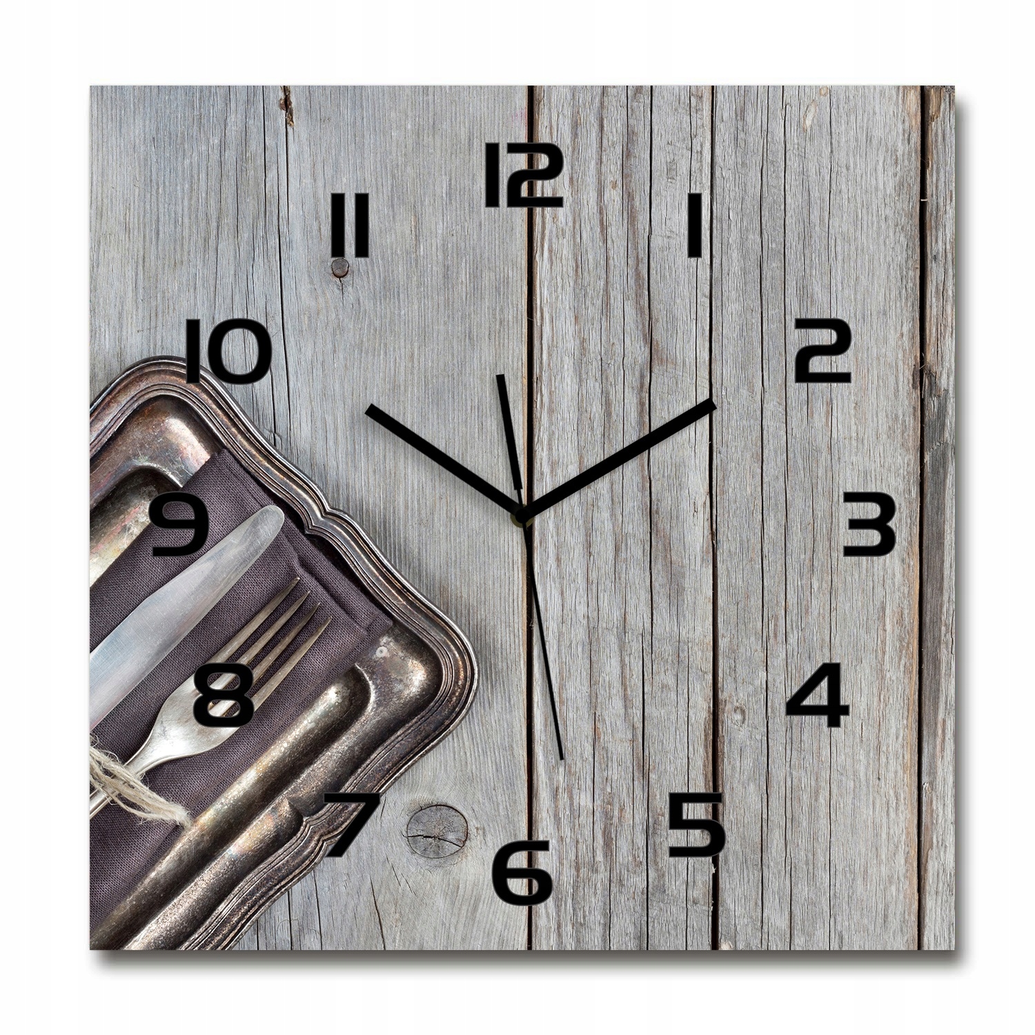 

Wiszący szklany zegar Sztućce na deskach 60x60 cm