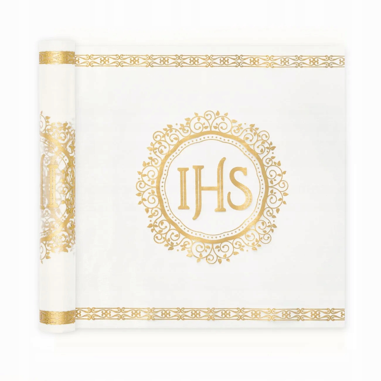 Bieżnik OBRUS na KOMUNIE biały komunijny na stół złoty IHS materiałowy 5m