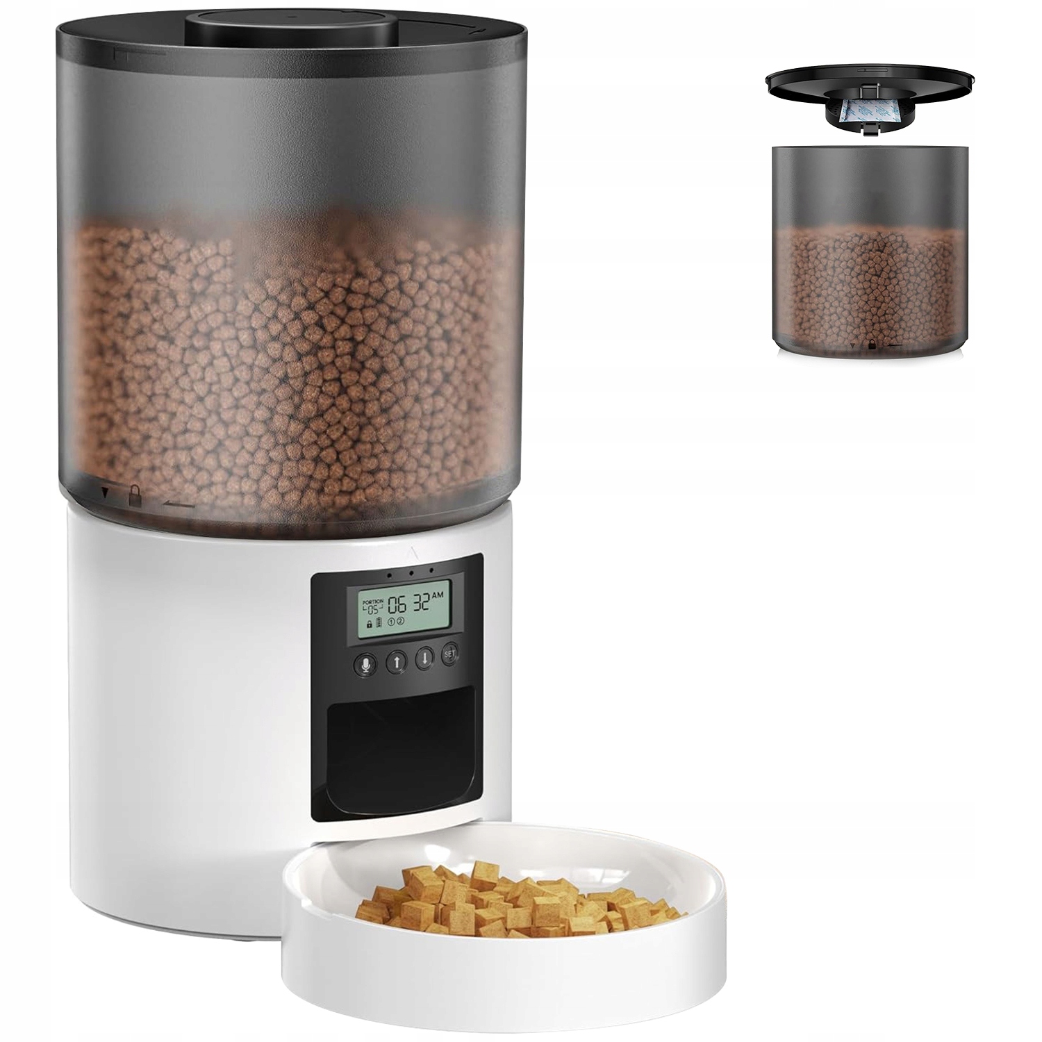 Automatický dávkovač krmiva pro kočky a psy s časovačem, kontrolou porcí a záznamem hlasu