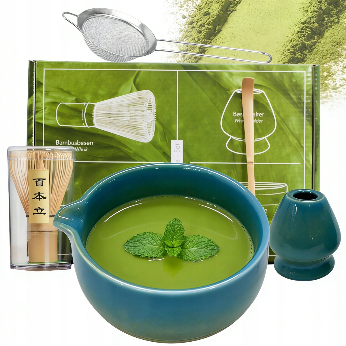 Sada Nástrojů Pro Přípravu Matchy S Miskou A Šlehací Metlou A Lžící