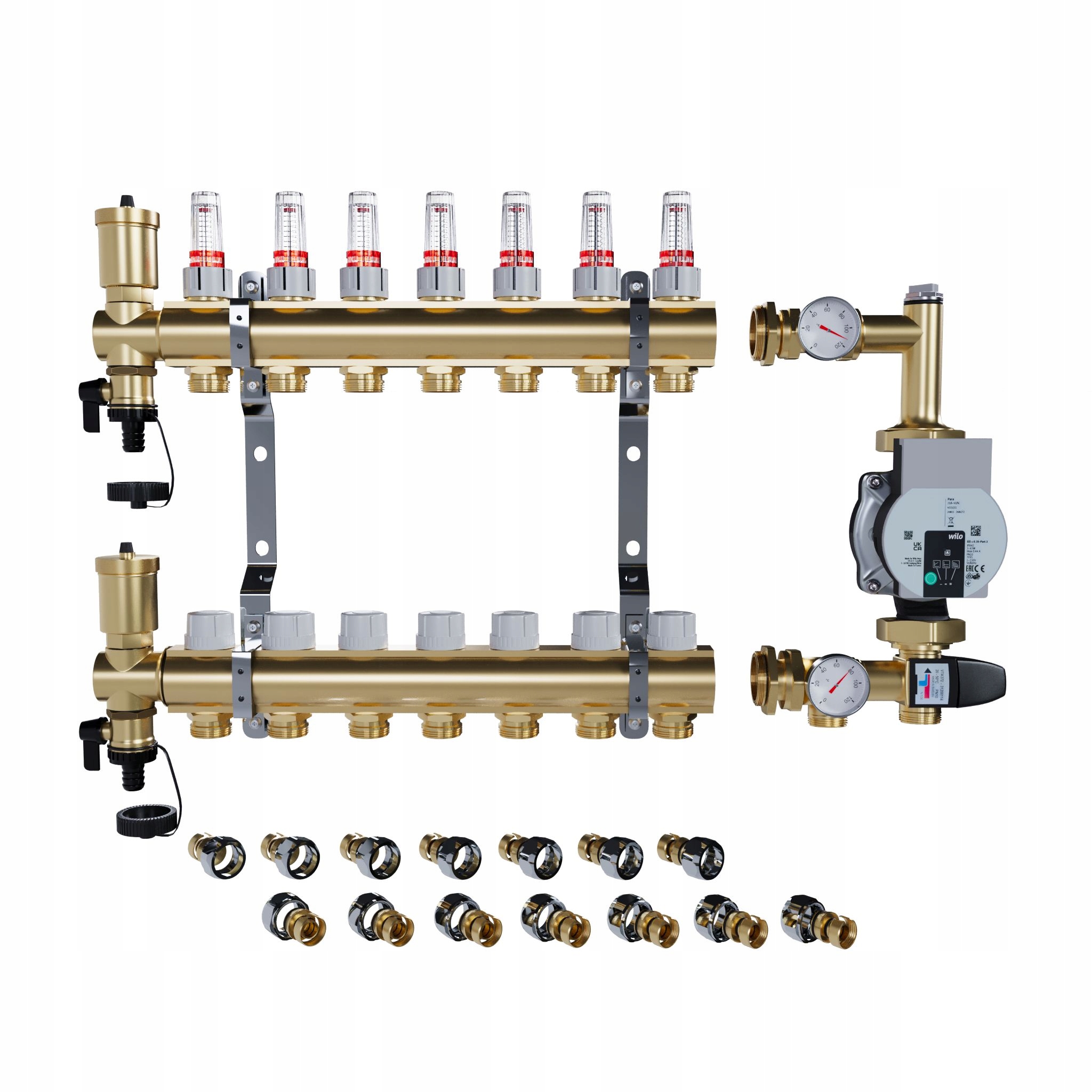 Rozdělovač pro podlahové topení 7 sekcí Spojky Pex Čerpadlo Wilo