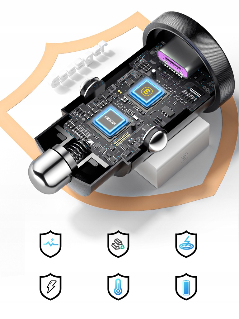 SZYBKA ŁADOWARKA SAMOCHODOWA 30W Typ-C PD 5A QC4.0 Złącza USB typ C USB