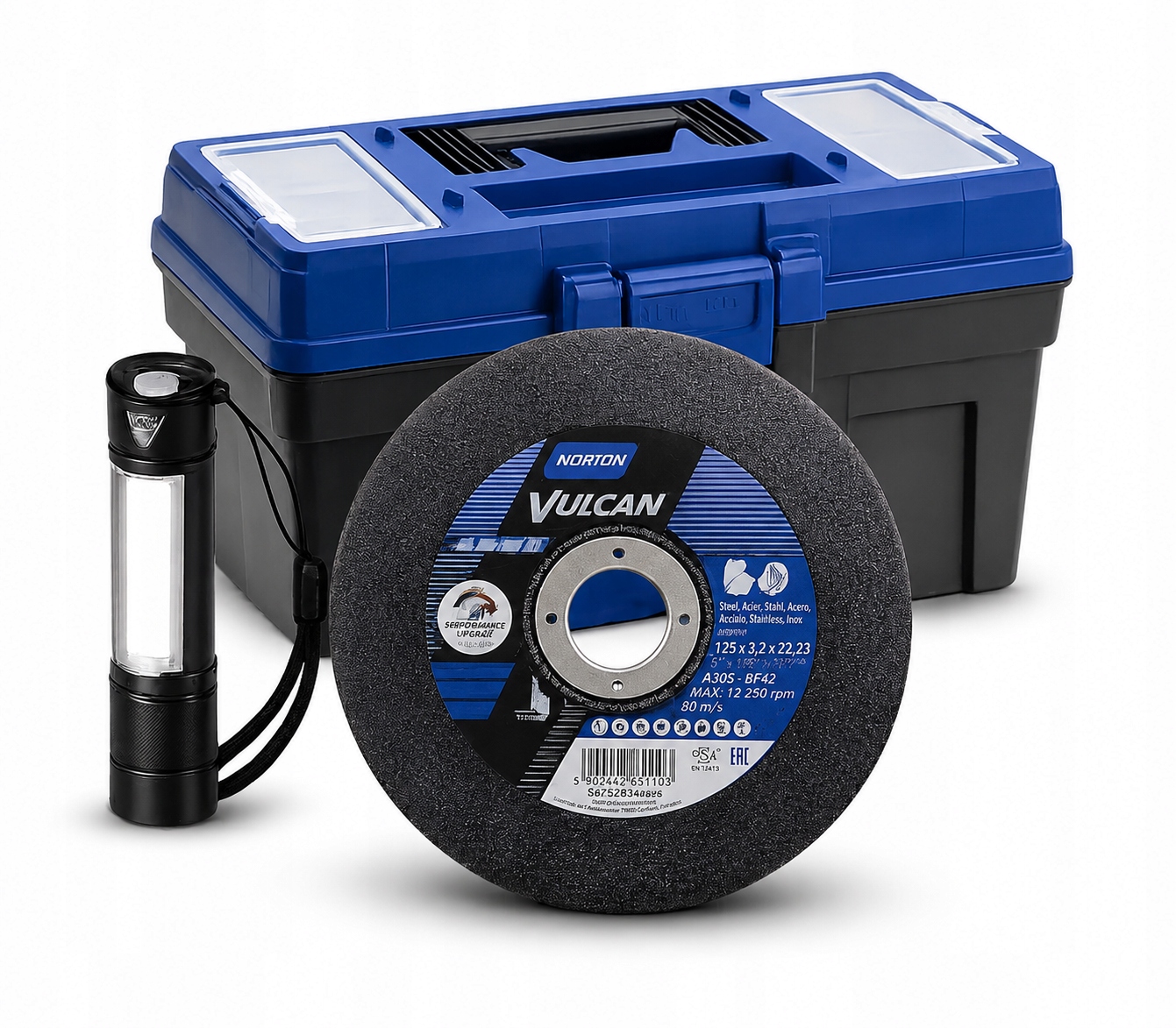 Kotouče na řezání kovu Norton Vulcan 125 x 1,0 100 ks svítilna, krabička