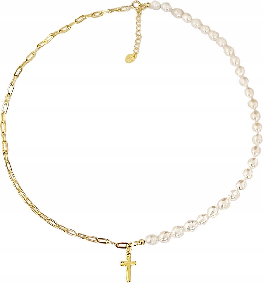 Stříbrný pozlacený náhrdelník 925 s bílou perlou a křížkem 44 cm stříbro