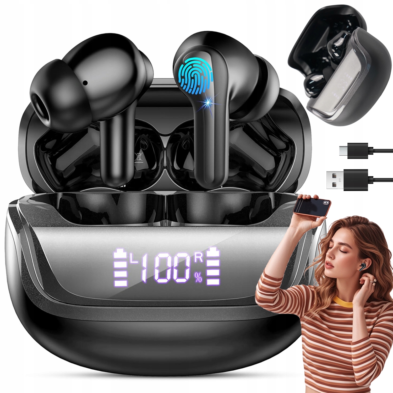 Bezdrátová Bluetooth Sluchátka Bluetooth 5.4 IP7 Voděodolná, Černá