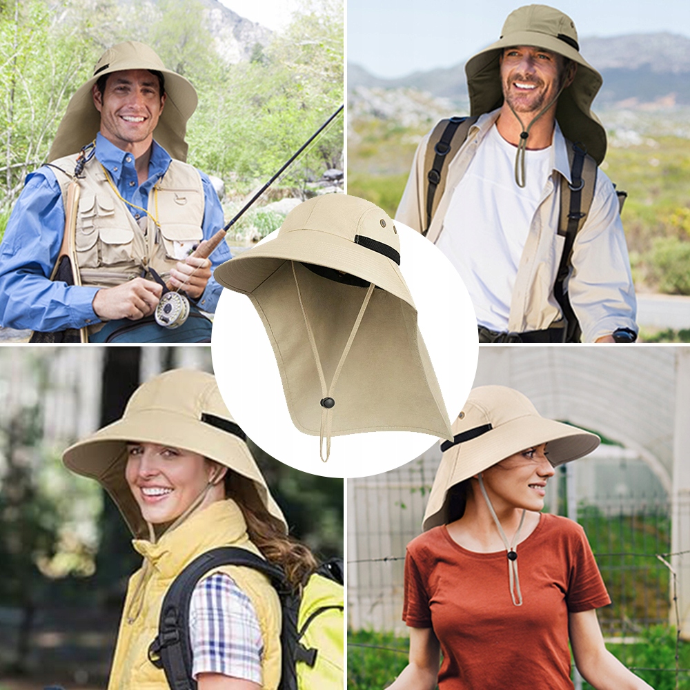 CZAPKA WĘDKARSKA ANTY-UV Z OSŁONĄ NA KARK, KAPELUSZ SZEROKIM RONDEM BEŻOWY Marka bez marki