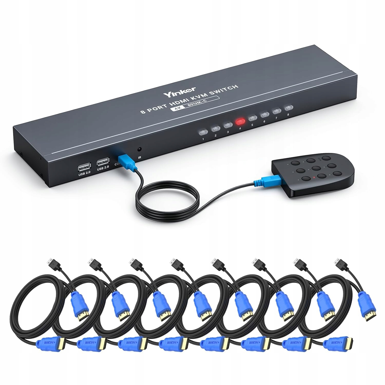 Přepínač Kvm Hdmi 8 portů 4K 30Hz rack Usb hub dálkové ovládání Ir volič kabelů