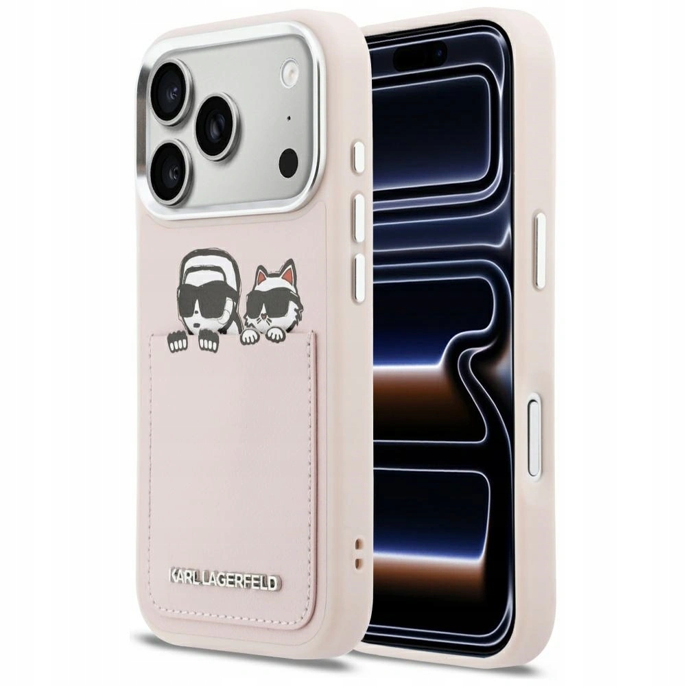 Pouzdro Karl Lagerfeld Karl & Choupette Print & Pocket pro iPhone 17 Pro růžové