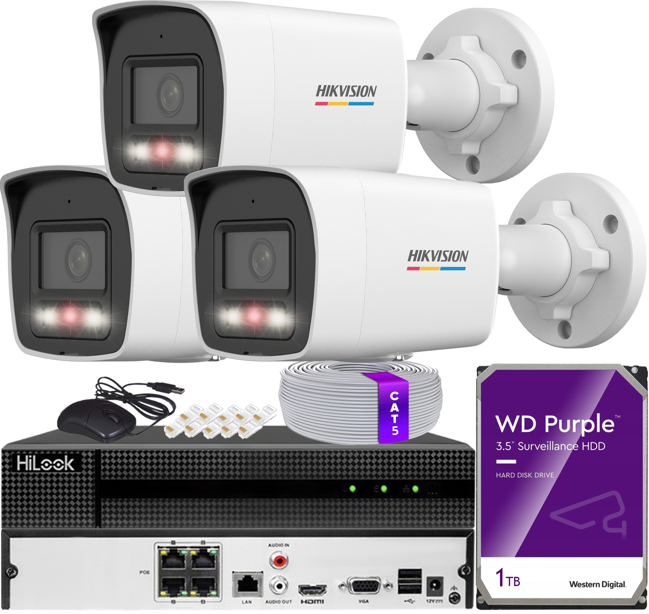 Zestaw Monitoringu 3x Kamera DS-2CD1047G3H-LIUF/SL 4MPx Hikvision Dysk 1TB