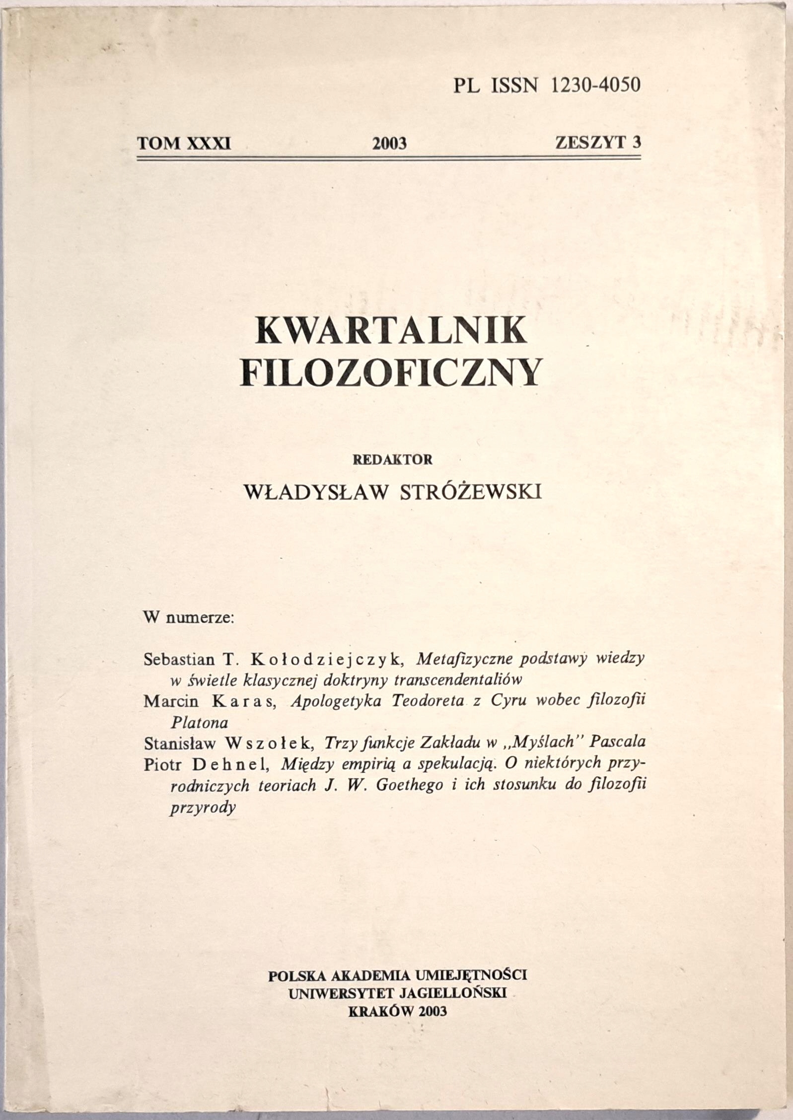 KWARTALNIK FILOZOFICZNY XXXI 2003