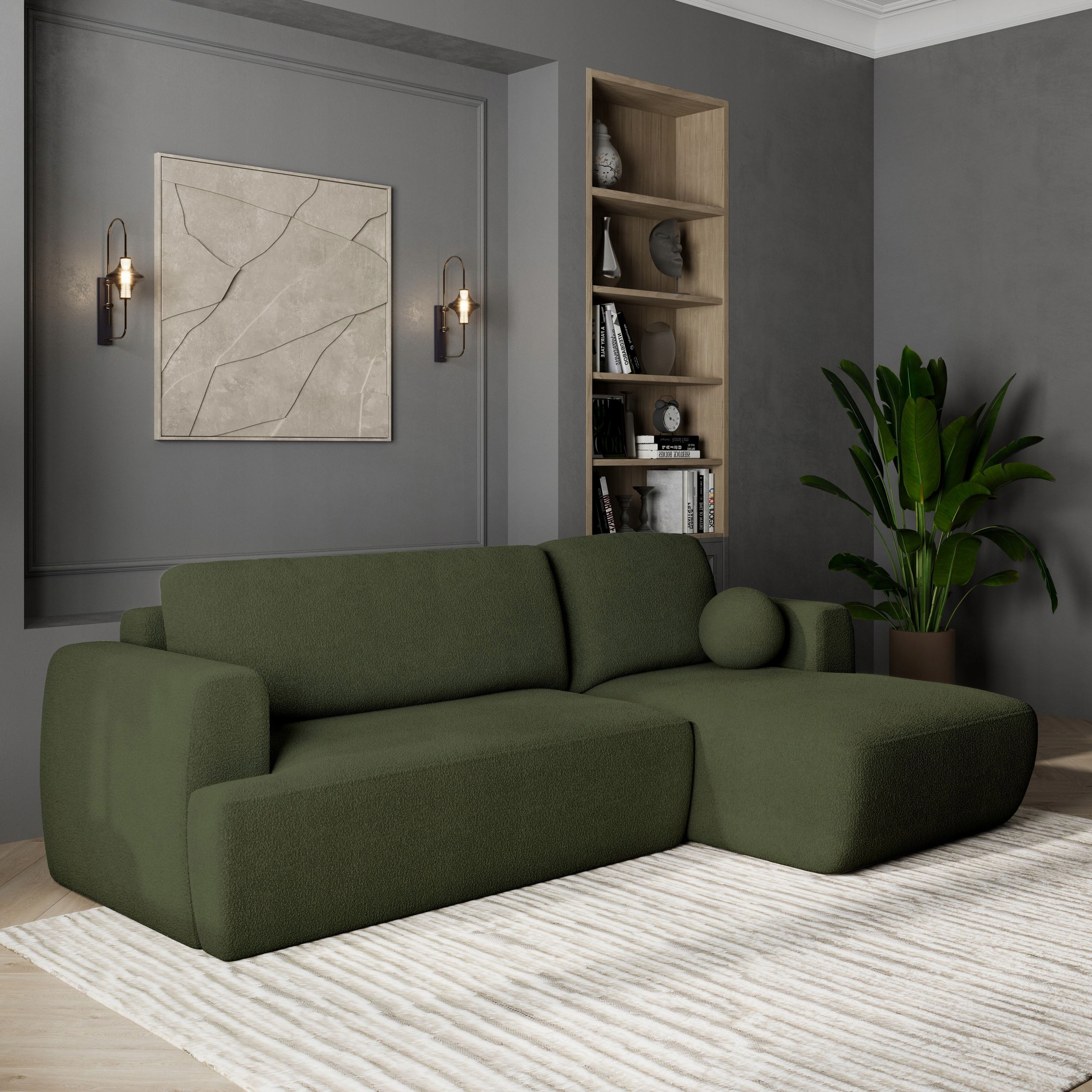 Rohová Sedací Souprava Senti Funkce Spaní Moderní Boucle Beránek Zelený