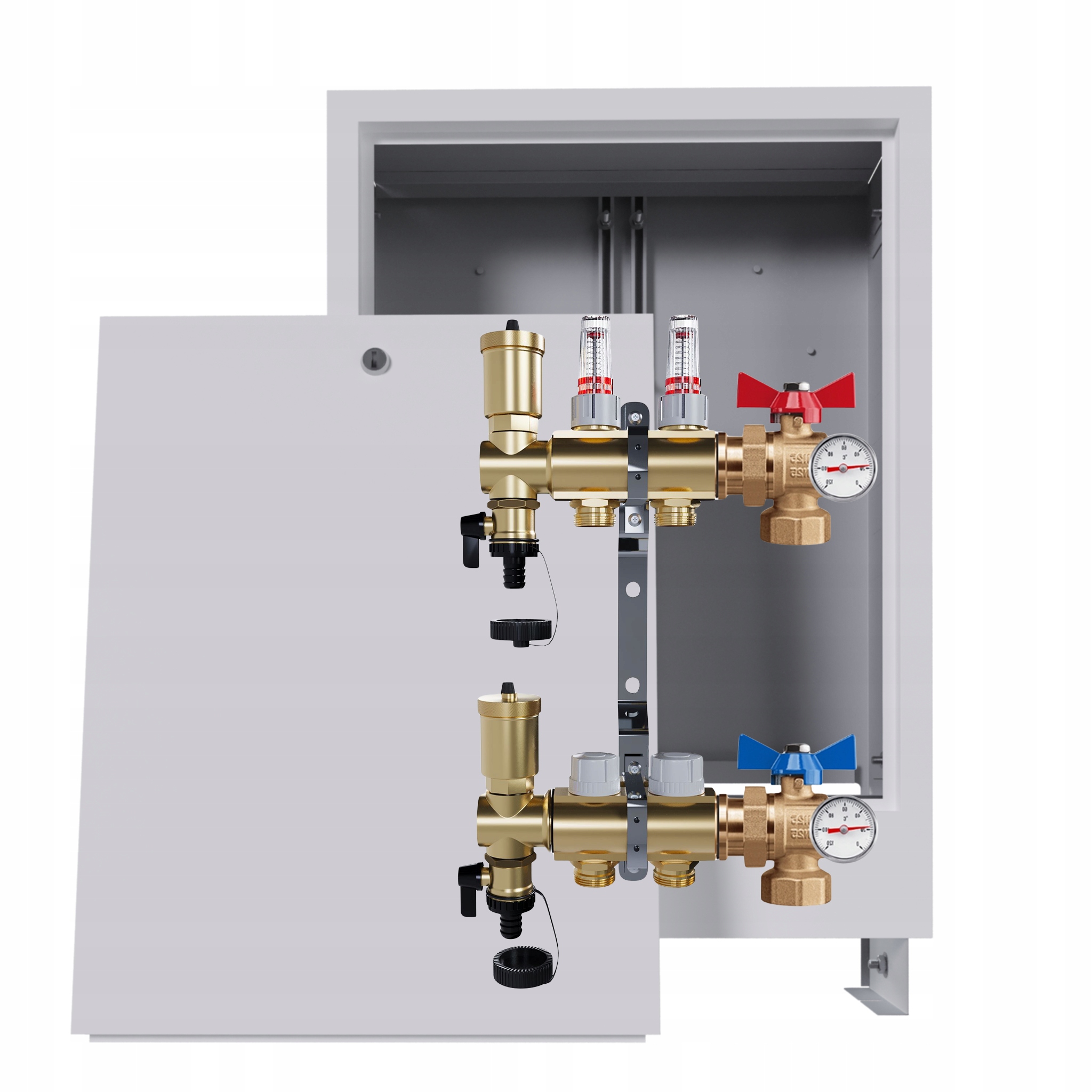 Rozdělovač Pro Podlahovou Krytinu, 2 Okruhy Kulový Ventil Teploměr, Krabička