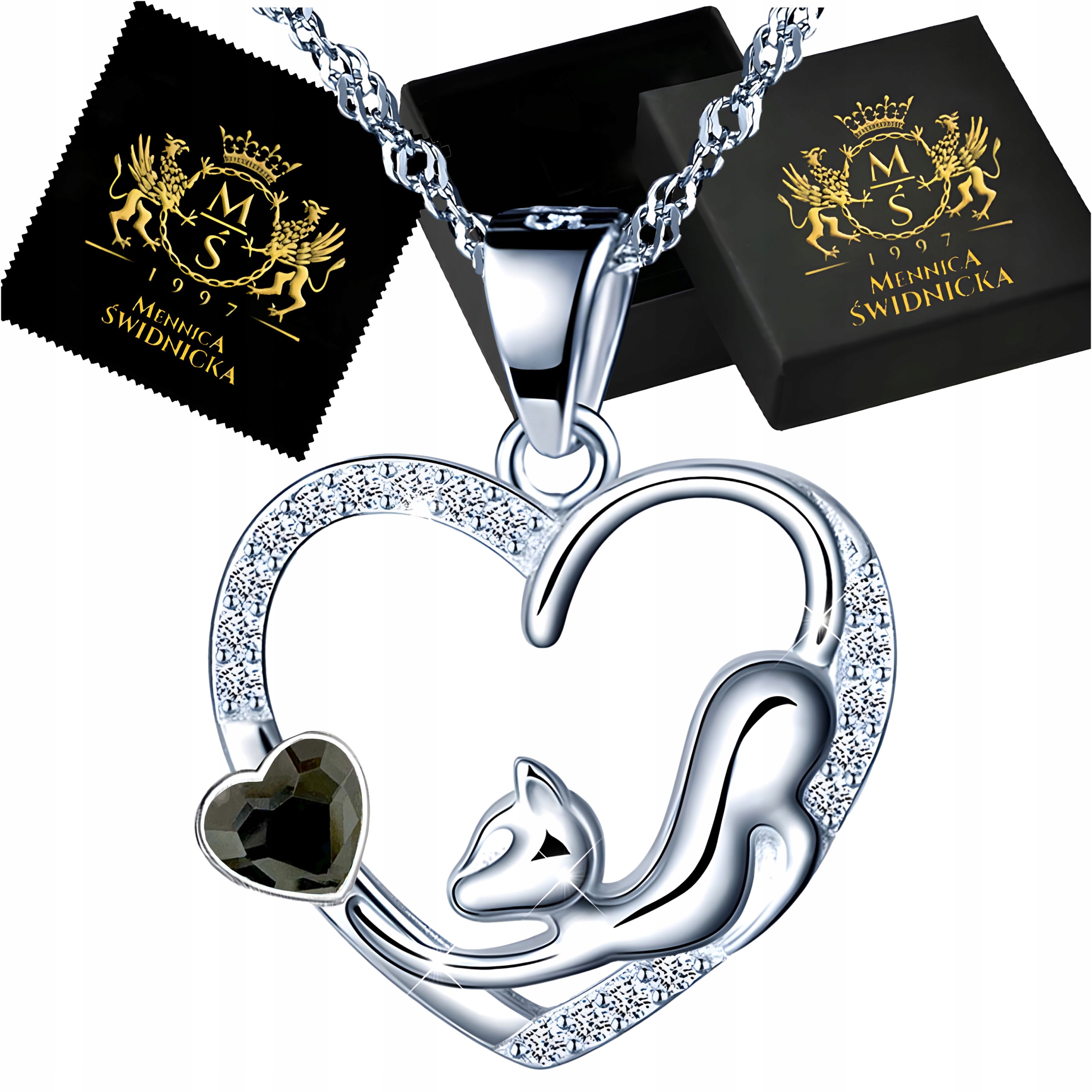 Dámský stříbrný Přívěsek srdce s kočkou Stříbro Řetízek 925, Dárek