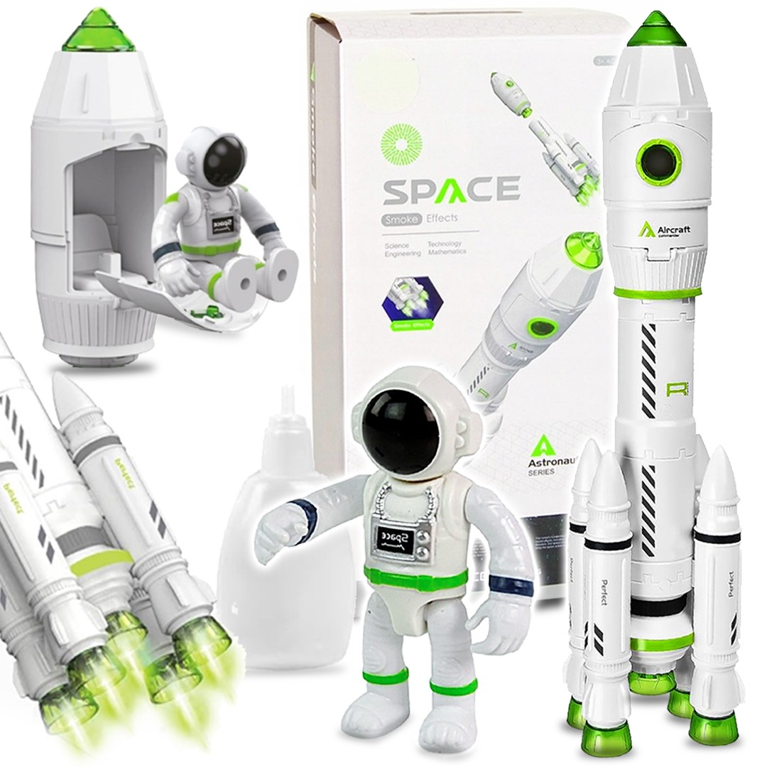 RAKIETA KOSMICZNA I KOSMONAUTA ZABAWKA DLA DZIECI WYDAJE DŹWIĘK ŚWIATŁO DYM