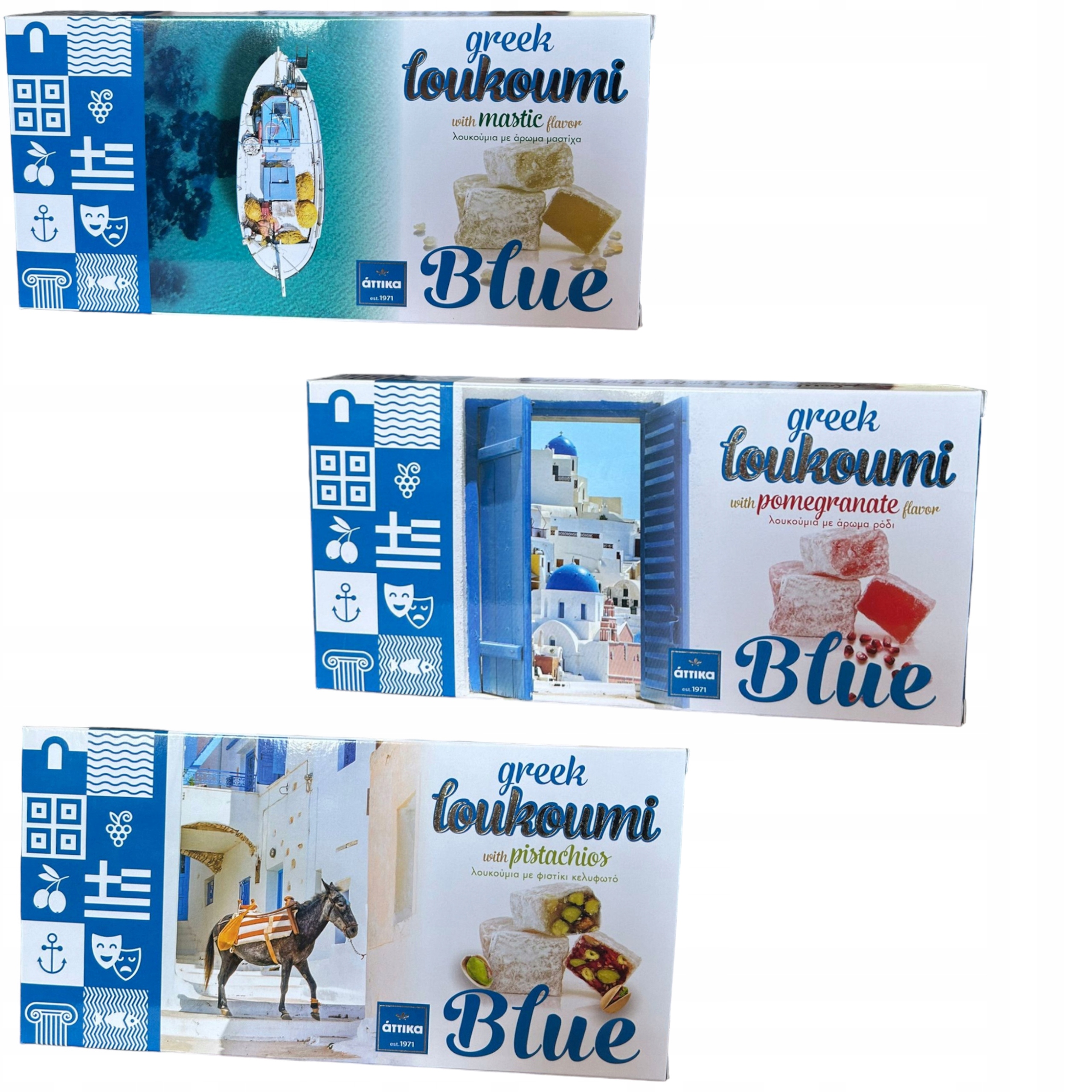 Levně Želé Loukoumi Pistácie, Granátové jablko, Mastyksu Attika Blue 3x280g Řecké