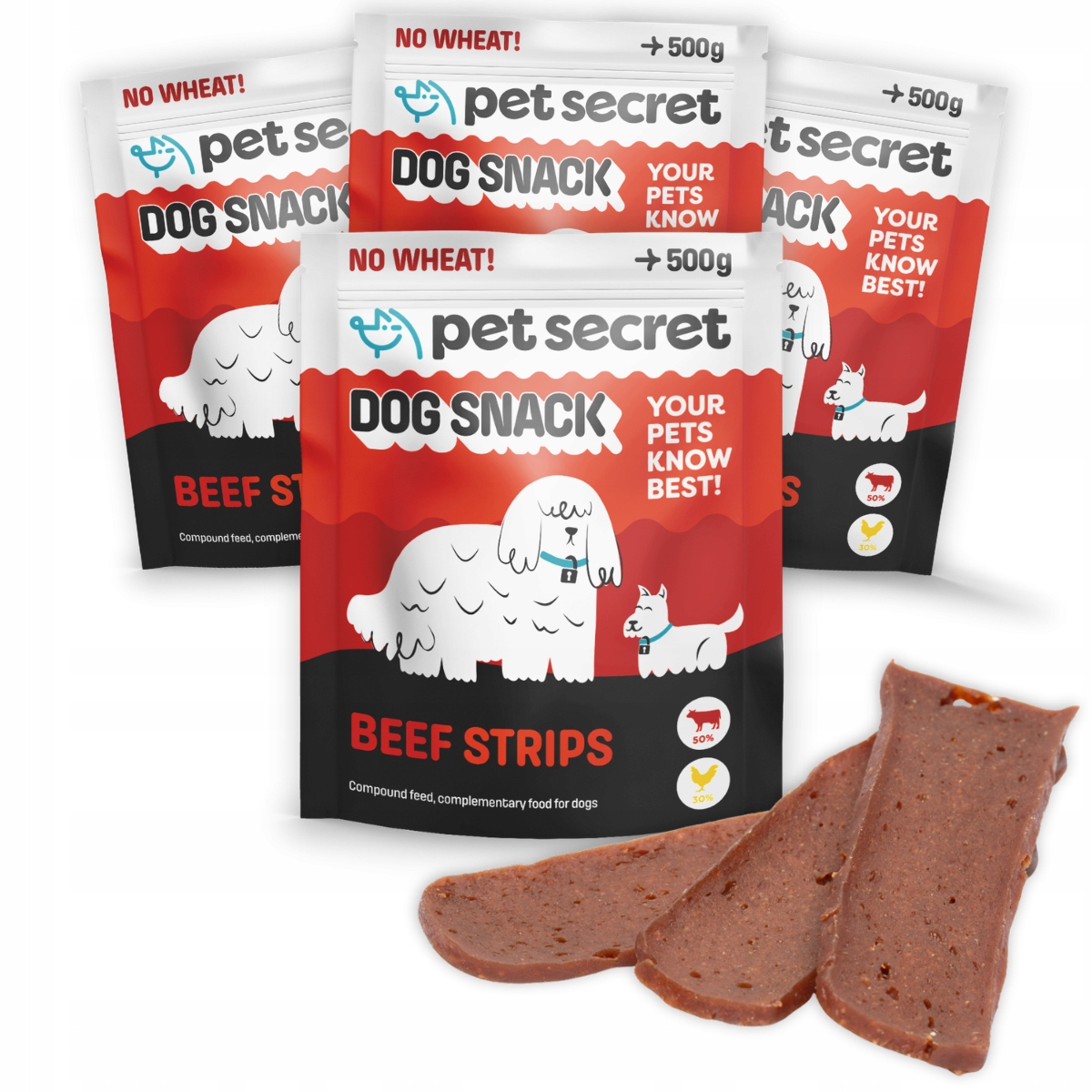 Psí pamlsek 4x500g Filety s hovězím masem Fileciki Stripsy Kousky Pet Secret