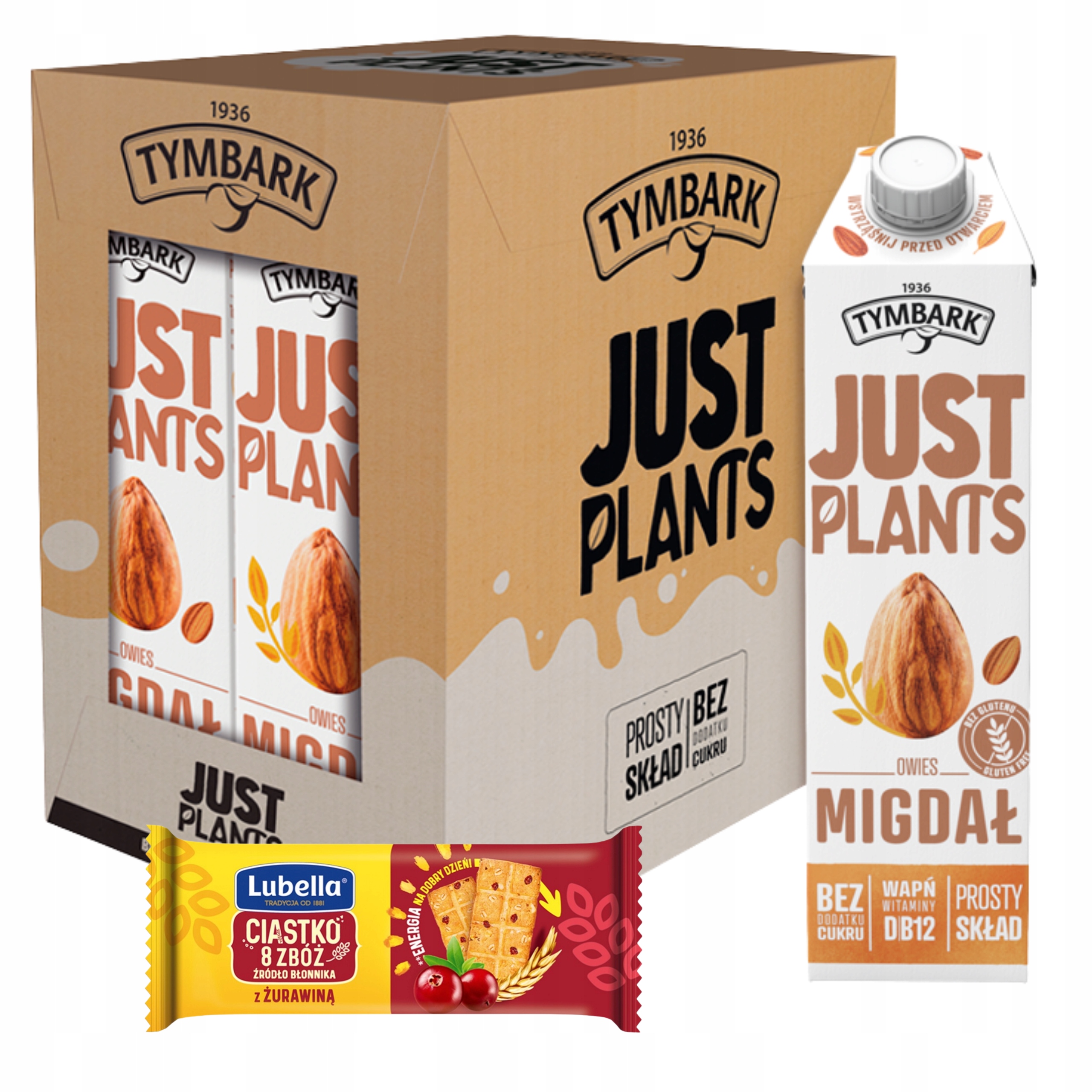 TYMBARK JUST PLANTS MIGDAŁ NAPÓJ ROŚLINNY 6x 1L + GRATIS ciastka Lubella