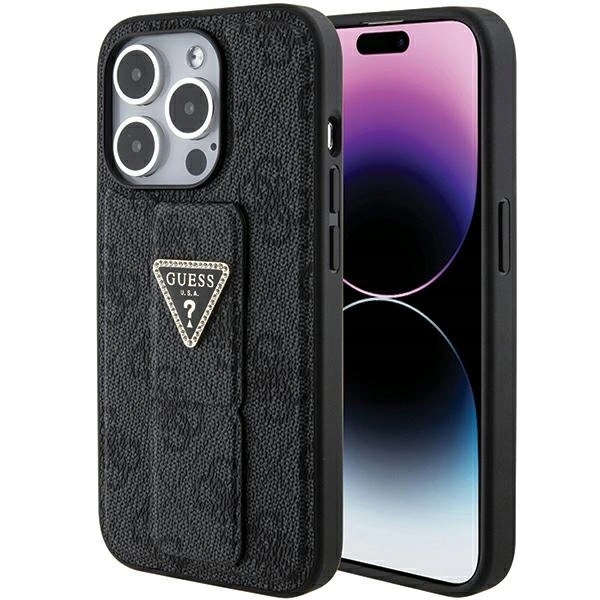 Pouzdro Guess Grip Stand 4G Triangle Strass pro iPhone 15 Pro Max černé