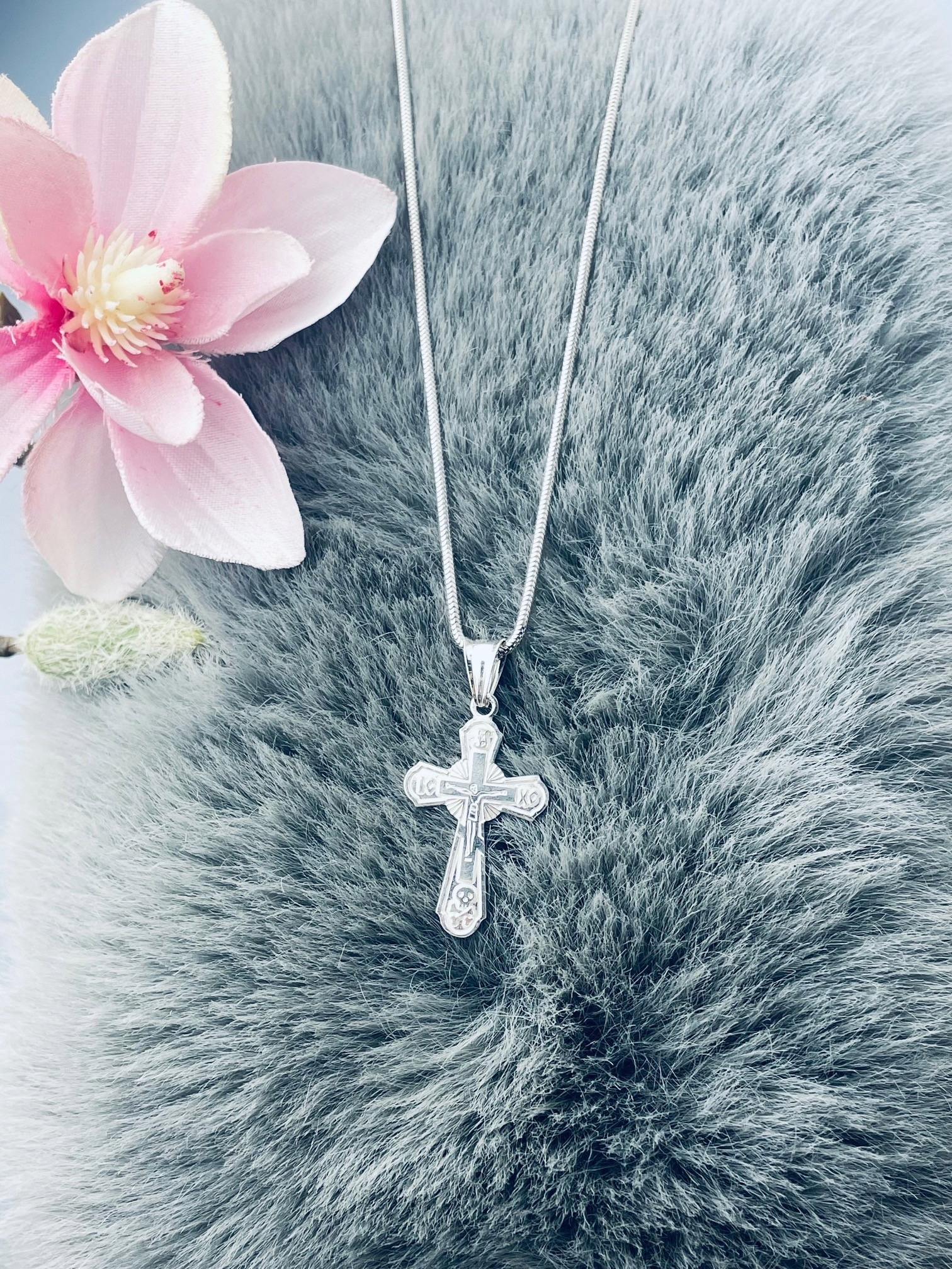 Stříbrný komplet náhrdelník řetízek zmijka přívěsek pravoslavný křížek