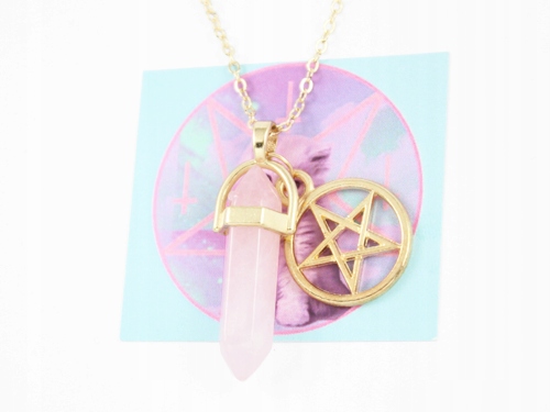 

wisiorek Różowy Kwarc pentagram kamień pastel goth