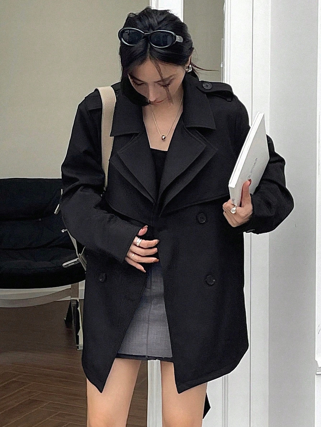 Dámský Kabát Trenčkot Stylový, Módní, Černý, Casual Dazy, Velikost 38