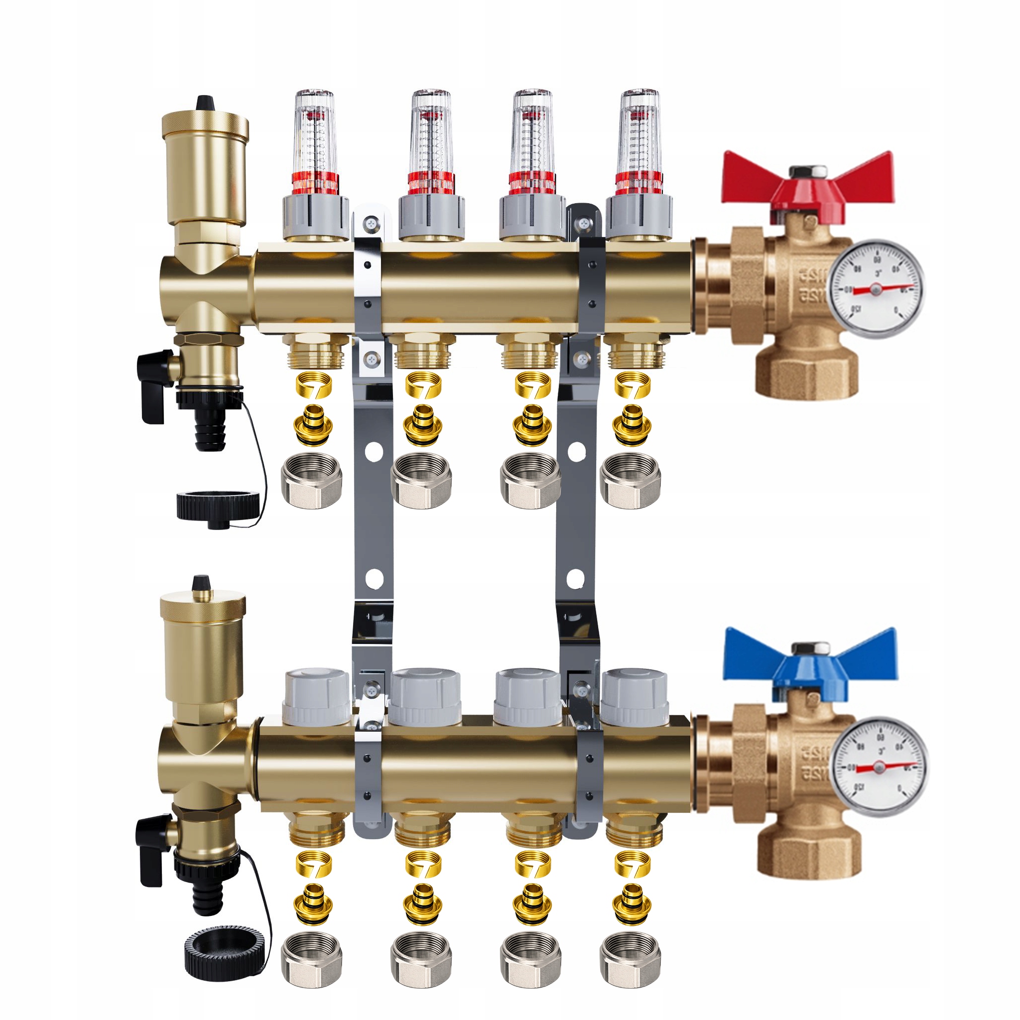 Rozdělovač mosazný Podlahovky 4 okruhů Kulové ventily Teploměr Pex