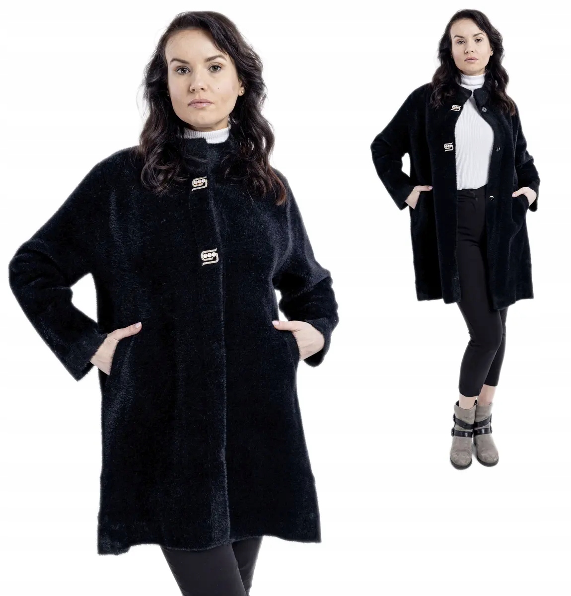 Kurtka Alpaka Ciepła Miękka Wełne Przejściowa Vaston Czarna Plus Size