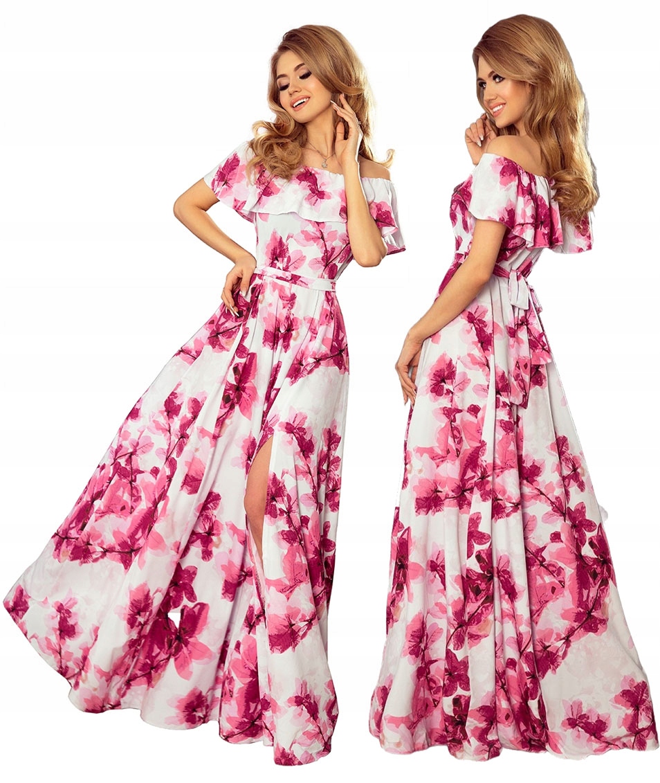 Romantické Dlouhé Šaty S Španělským Výstřihem A Velkými Růžovými Květy