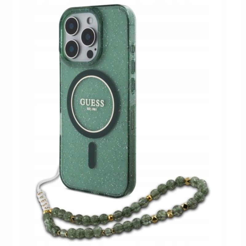 Guess Pouzdro pro iPhone 16 Pro Max MagSafe brokát perleťový přívěsek zelené