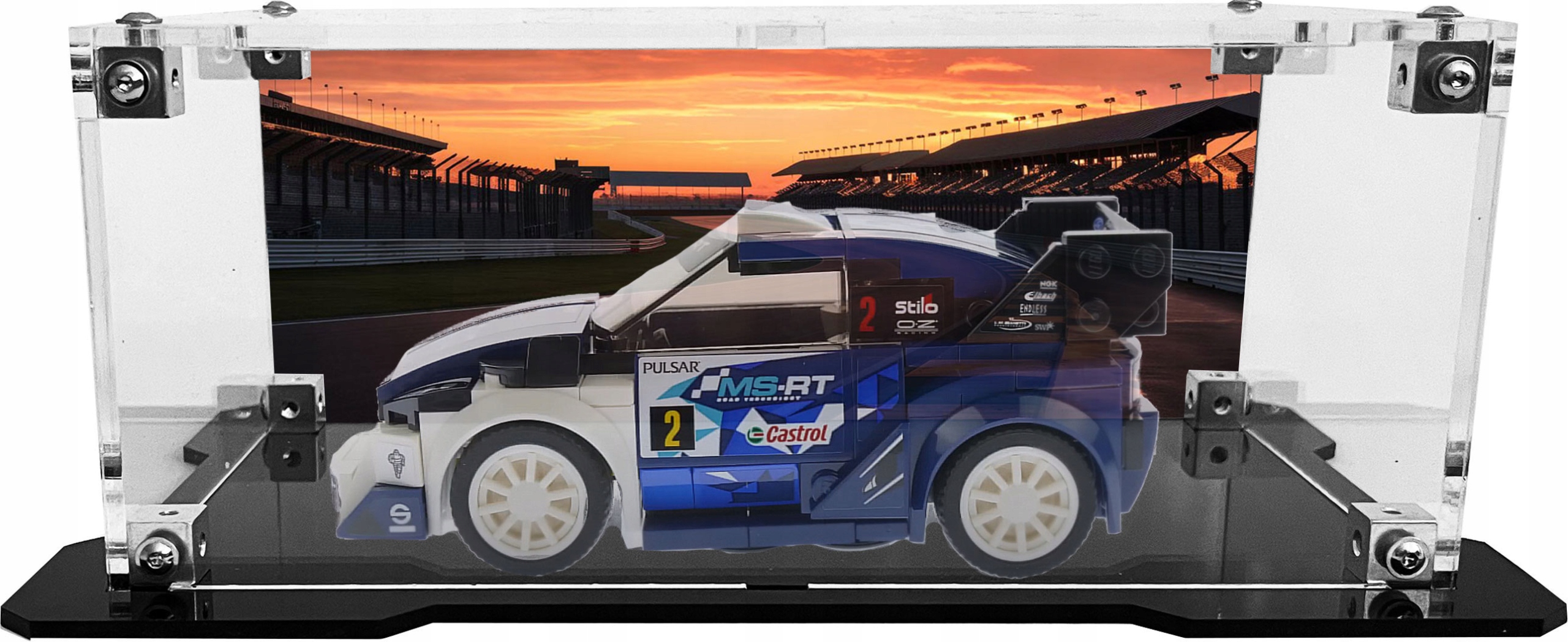 Vitrína s černou základnou a pozadím pro sadu Lego 75885 – Ford Fiesta Wrc