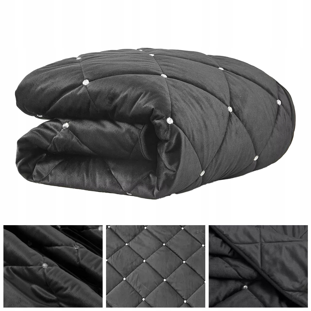 Přehoz na postel 200x220 Černý s krystalky prošívaný Tlustý přehoz velur