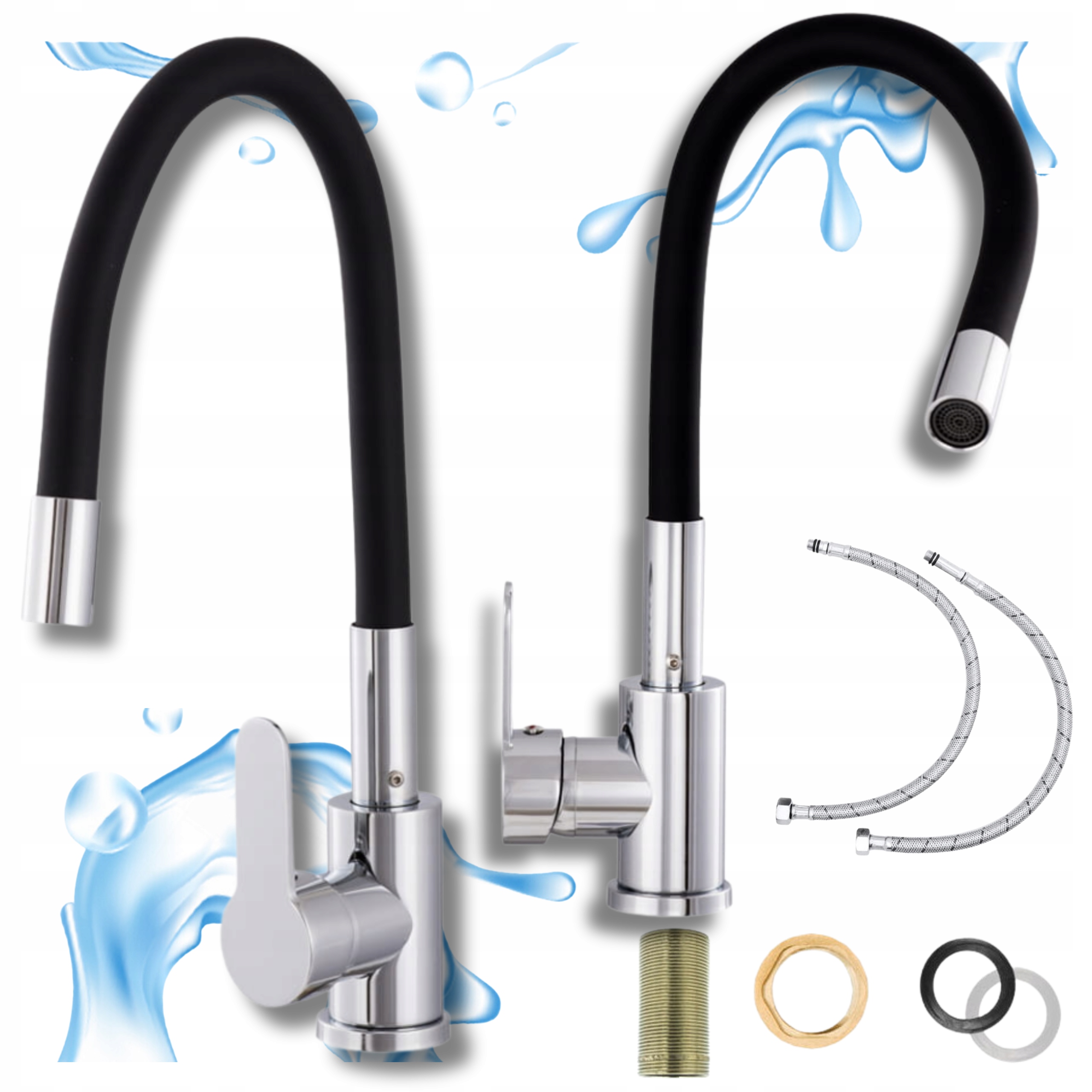 Bateria Kuchenna Czarna Flex z Elastyczną Wylewką Zlew Kran Kuchenny Chrom