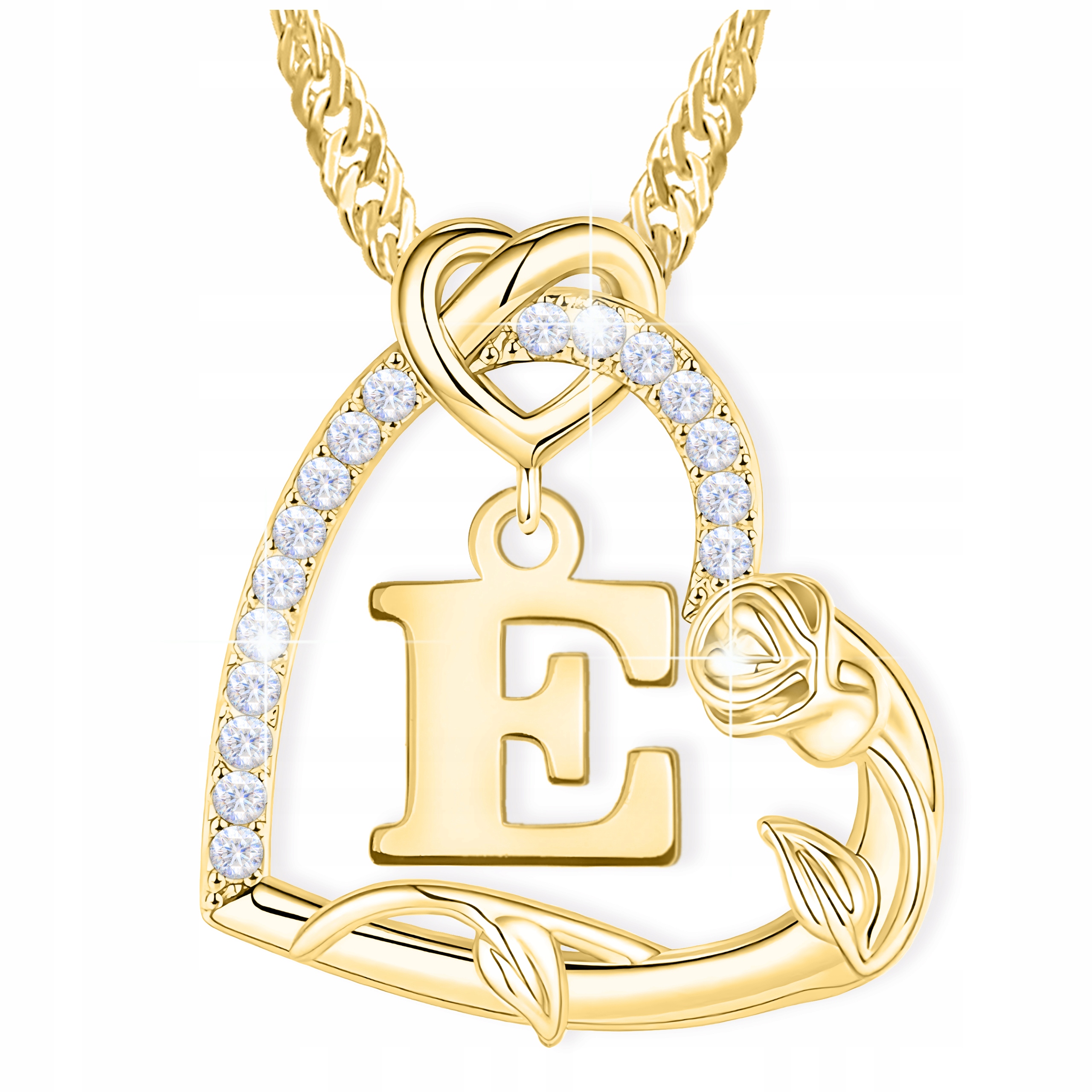 Naszyjnik Złoty z Literą Literką E Serce z Cyrkoniami Kwiat Róża Srebro 925