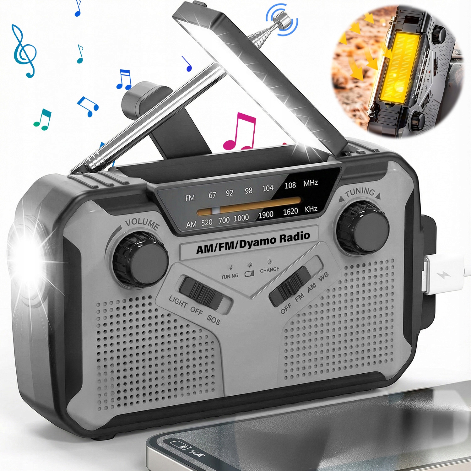 Přenosné Solární Rádio, Powerbanka 2500 Mah S Led Svítilnou A Alarmem, Šedá Omáčka