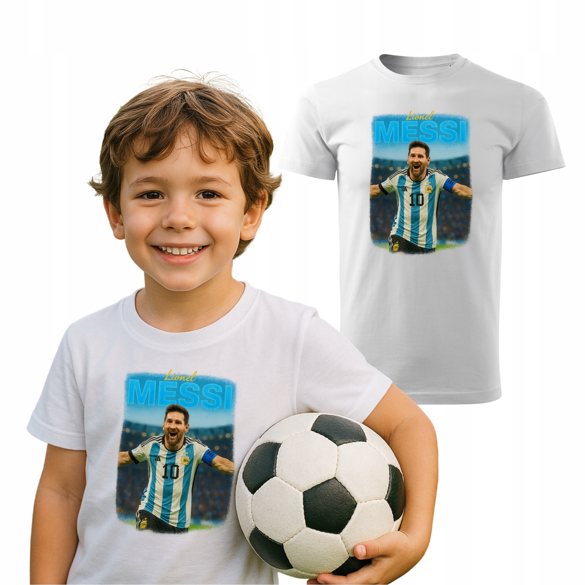 T-shirt koszulka dziecięca biała Piłkarska Argentyna Lionel Messi 122-128