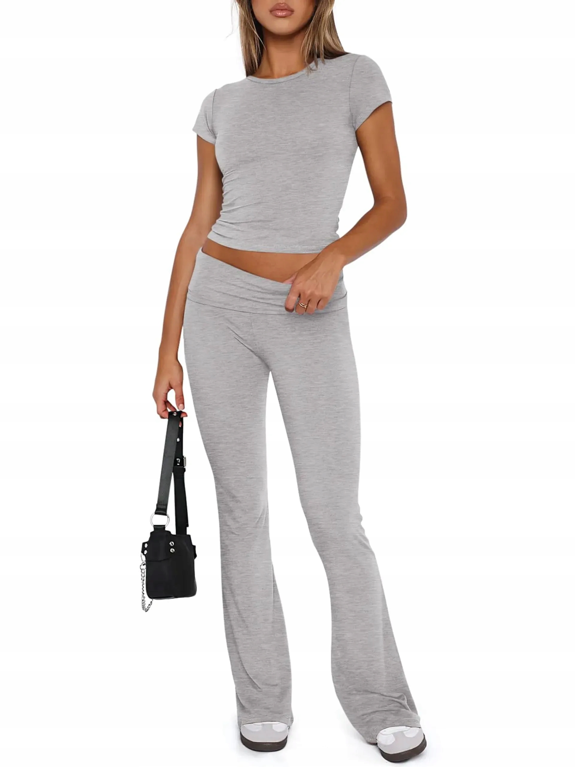 Dámský Tepláková Souprava Crop Top Zvony Pohodlný Sportovní Šedý L