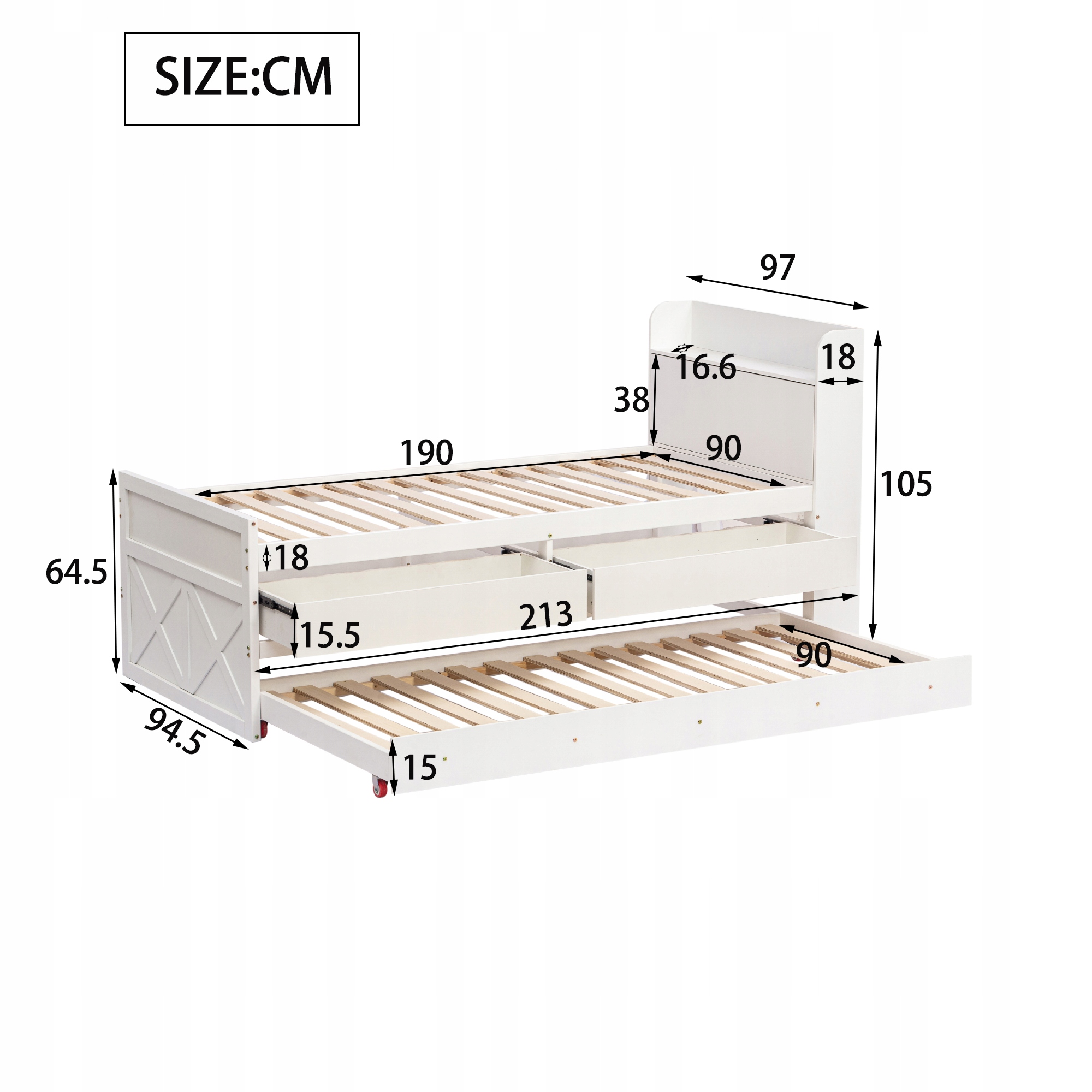 Wielofunkcyjne łóżko pojedyncze z litego drewna z gniazdem USB i szufladami Długość mebla 213 cm