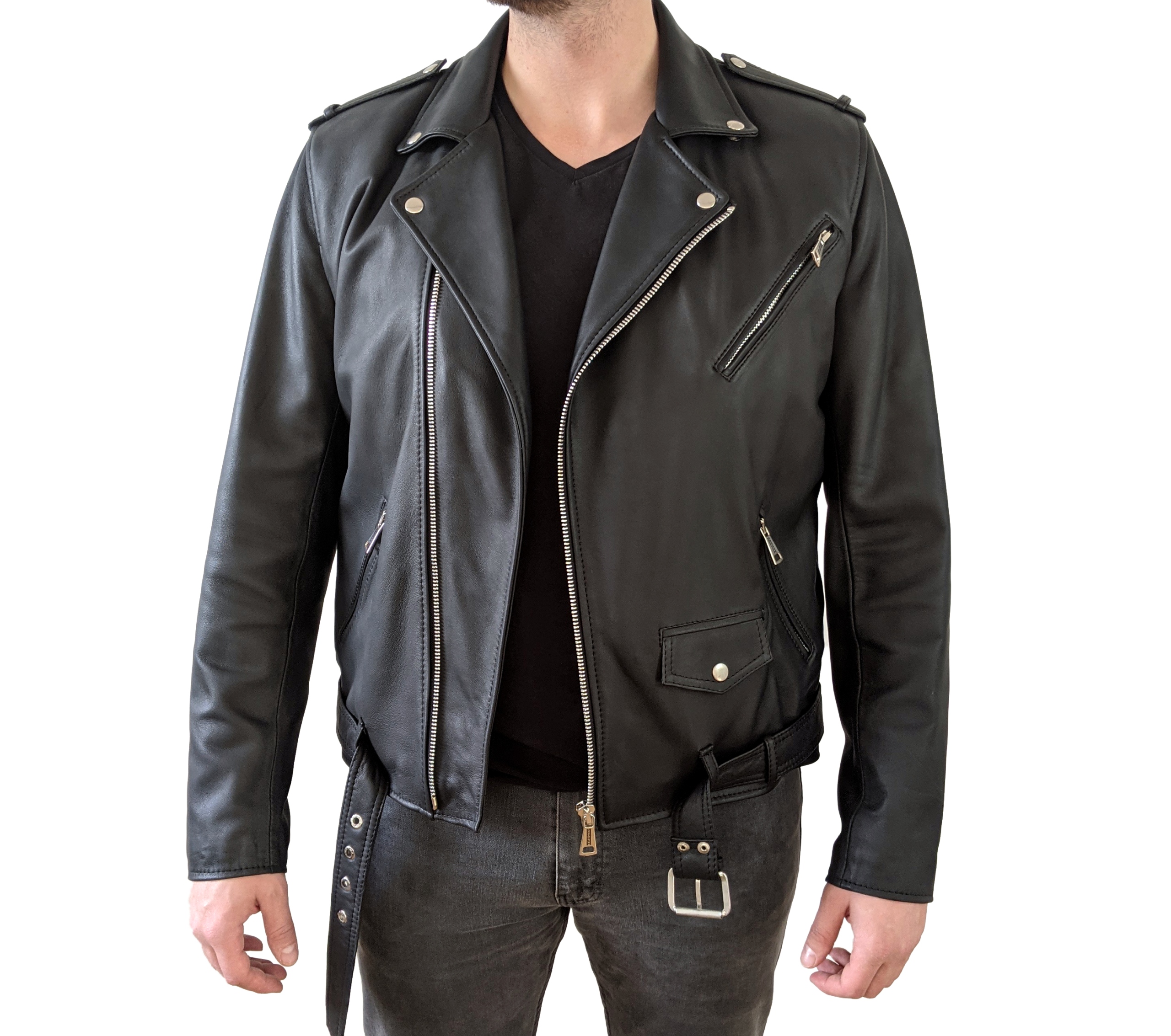 Ramoneska - Kurtka skórzana męska - S - naturalna Kaptur bez kaptura