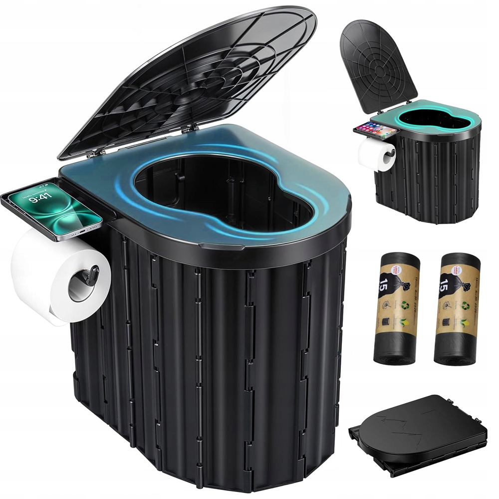 Toaleta Campingowa Składana Z Uchwytem Na Telefon I Papier Wc Czarna