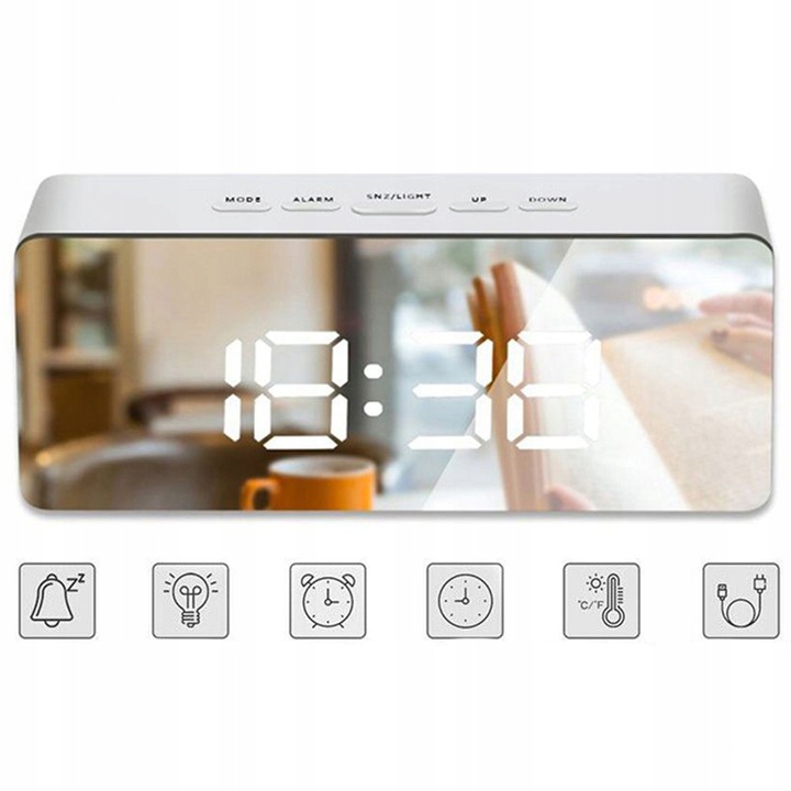 БУДИЛЬНИК ЧАСЫ ЭЛЕКТРОННЫЙ ТЕРМОМЕТР, ЗЕРКАЛО, LED-2