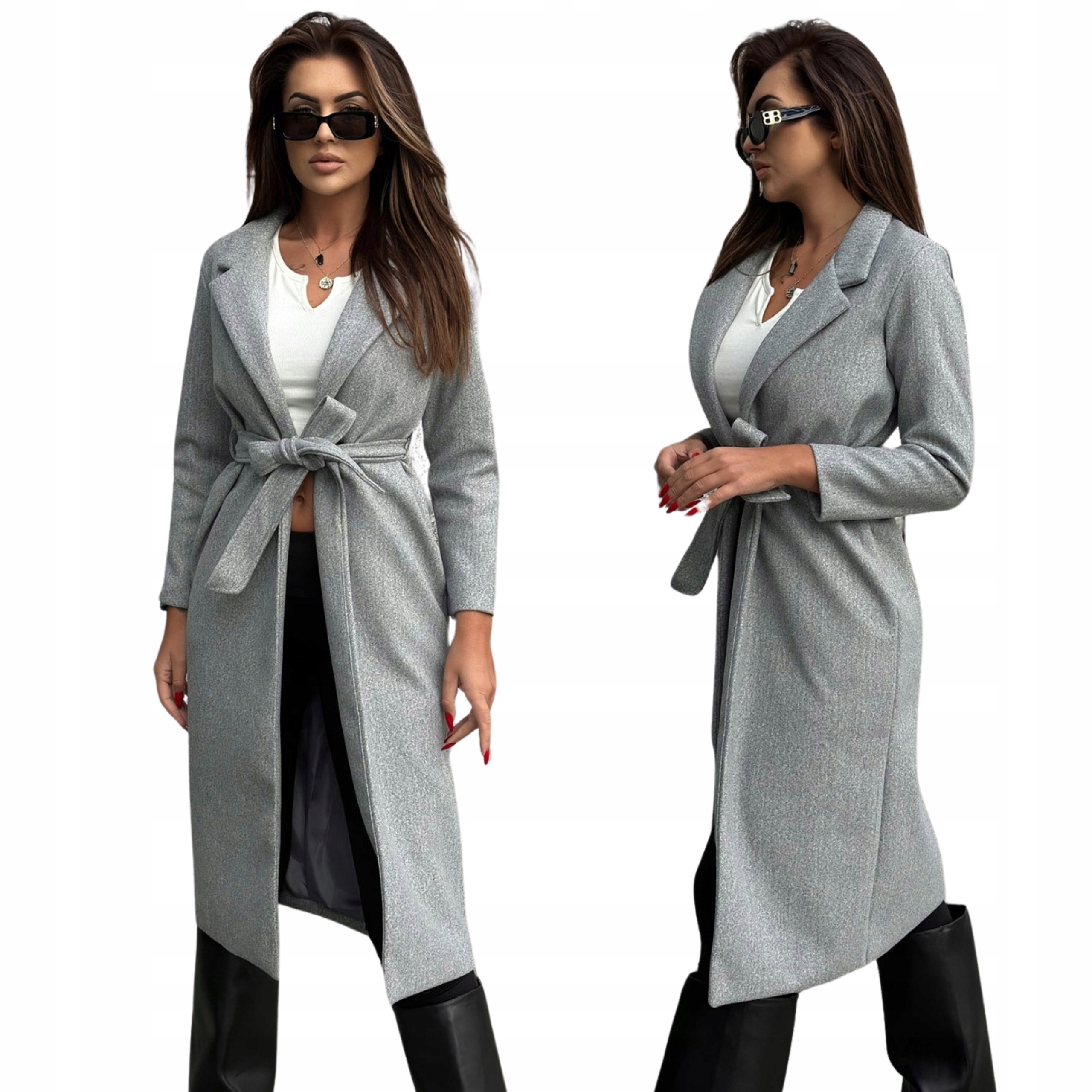 Dámský elegantní podzimní kabát dlouhý s vázáním CLR034 šedý L