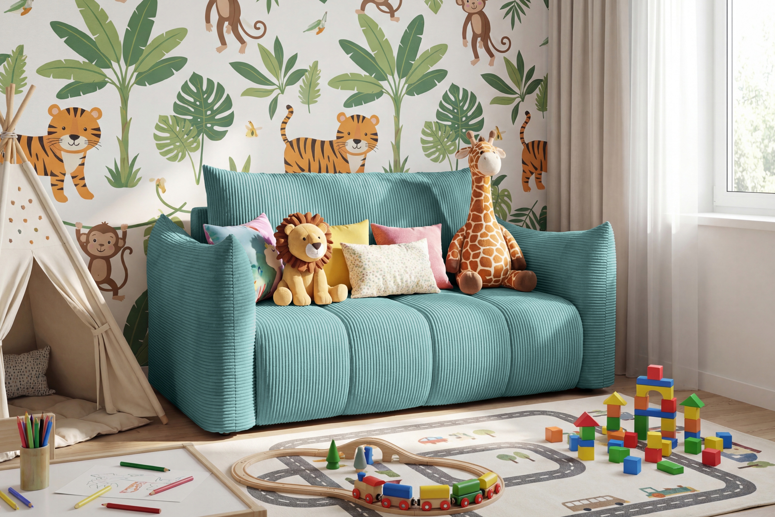 Moderní dětská pohovka Flow Funkce spaní úložný prostor na povlečení