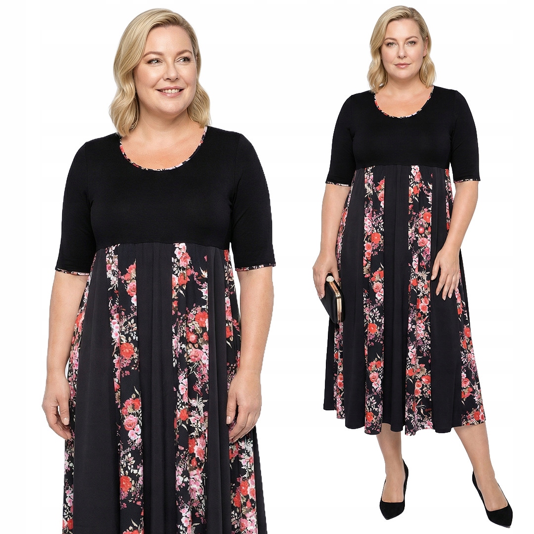 Dlouhá černá šaty s květinovým vzorem plus size velikost 50