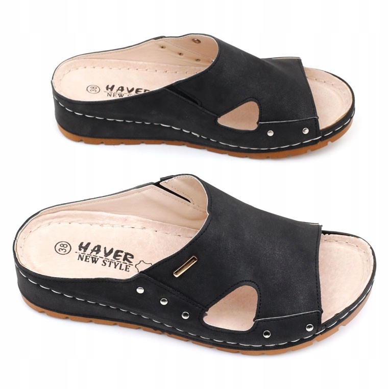 Czarne Klapki Damskie Na Platformie Buty Wsuwane Wkładka Ekoskóra Lekkie