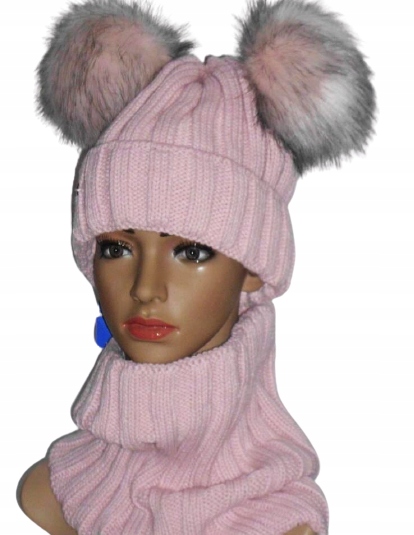 

54-58 Ciepła Czapka Dwa Pompony Komin Komplet