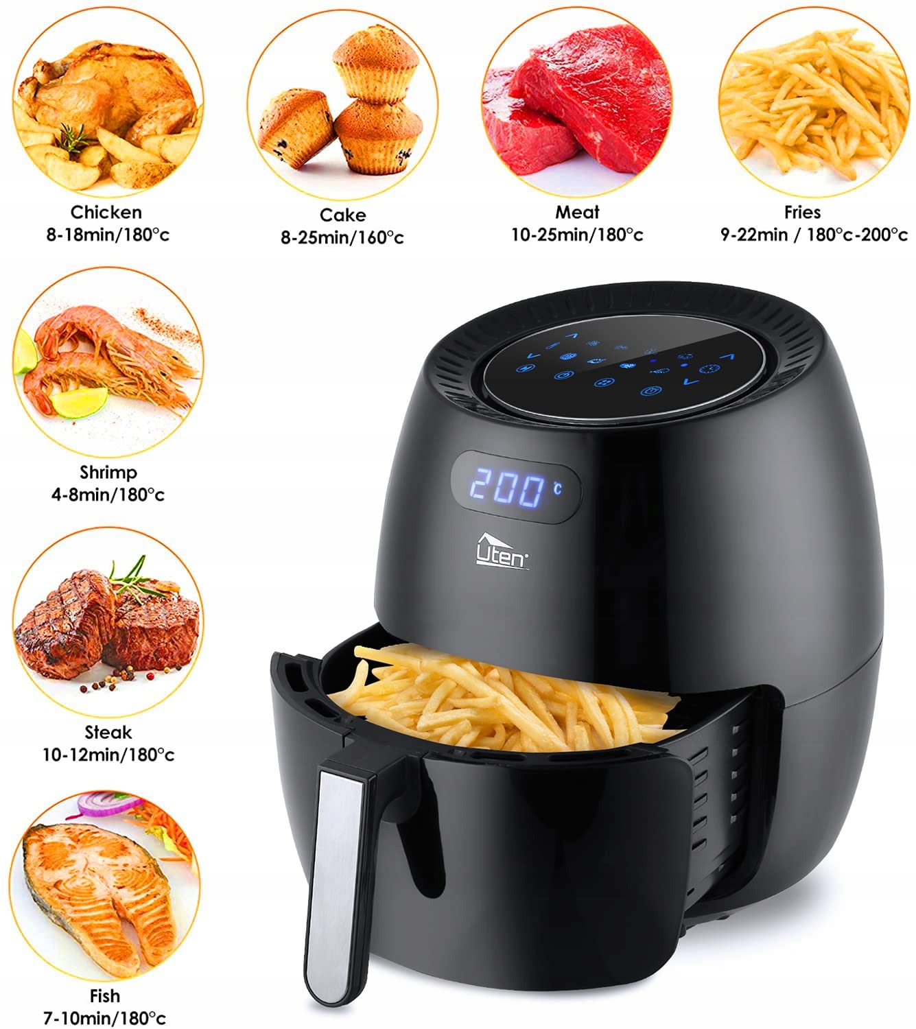 UTEN Frytkownica Beztłuszczowa 6.5L LED Ekran Dotykowy 1800W 8 Programów — miniatura 6