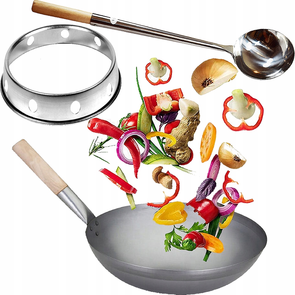 Zestaw Wok Chińska Patelnia Wok 33cm Pierścień Podstawka Chochla