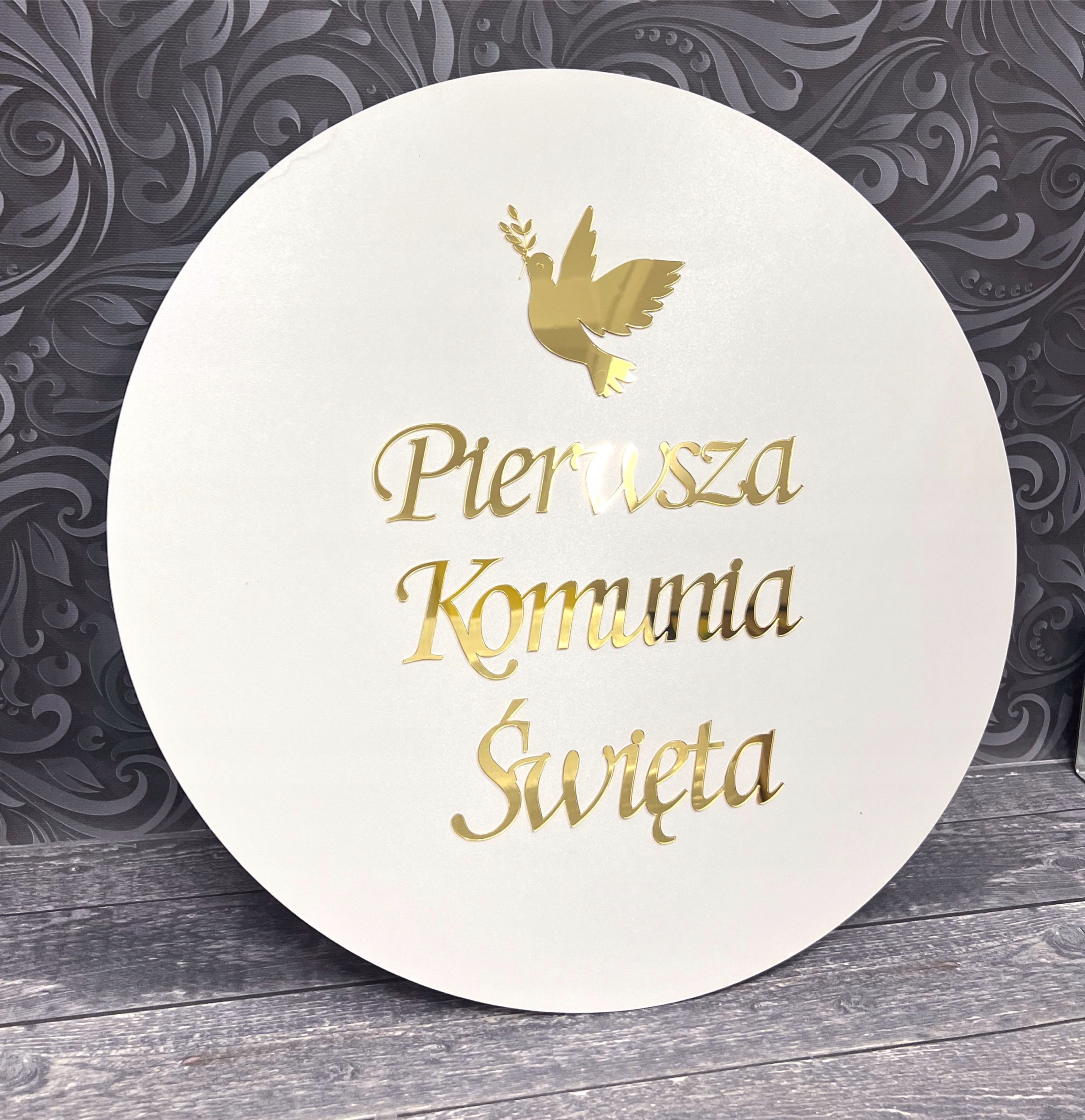 Tablica powitalna Pierwsza Komunia Święta 50cm ZŁOTE NAPIS + IMIĘ I DATA Stan opakowania oryginalne