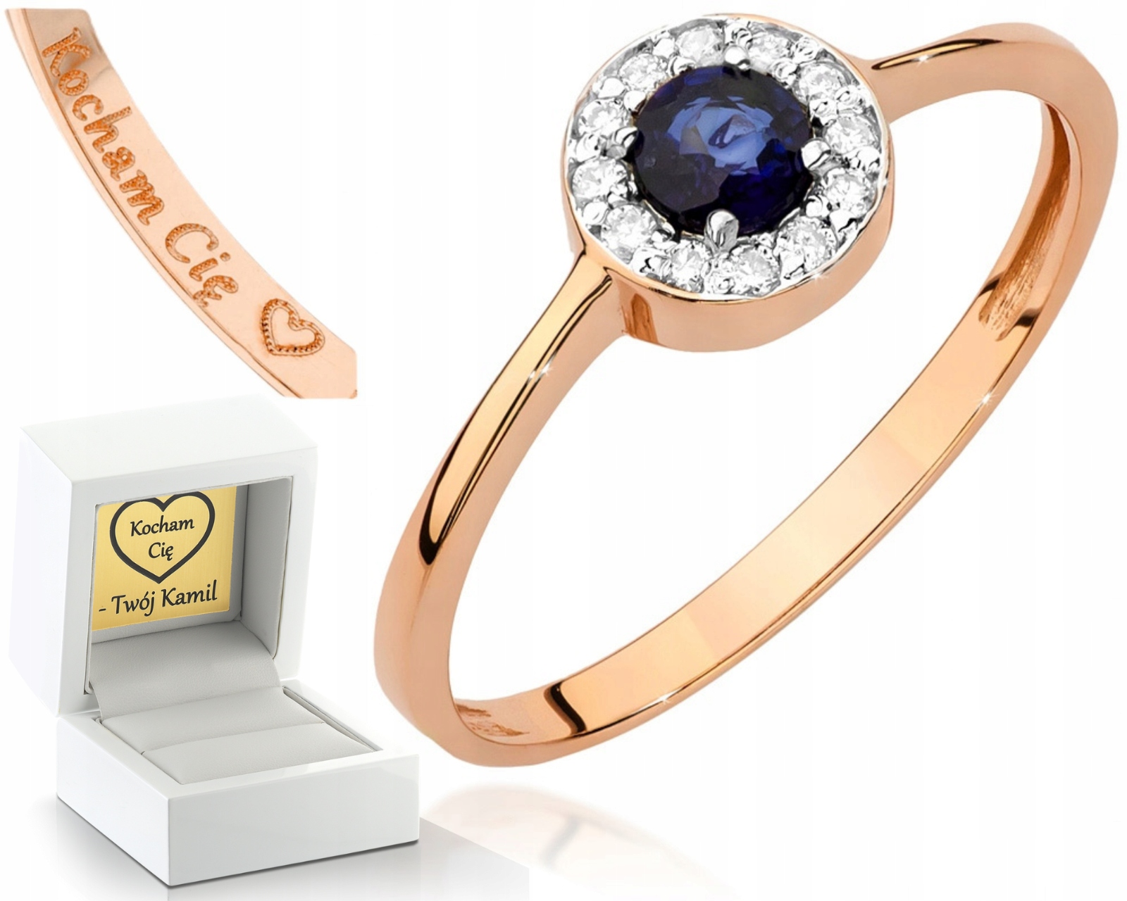 Prstýnek V Růžovém Zlatě Safír Briliant Gravírování
