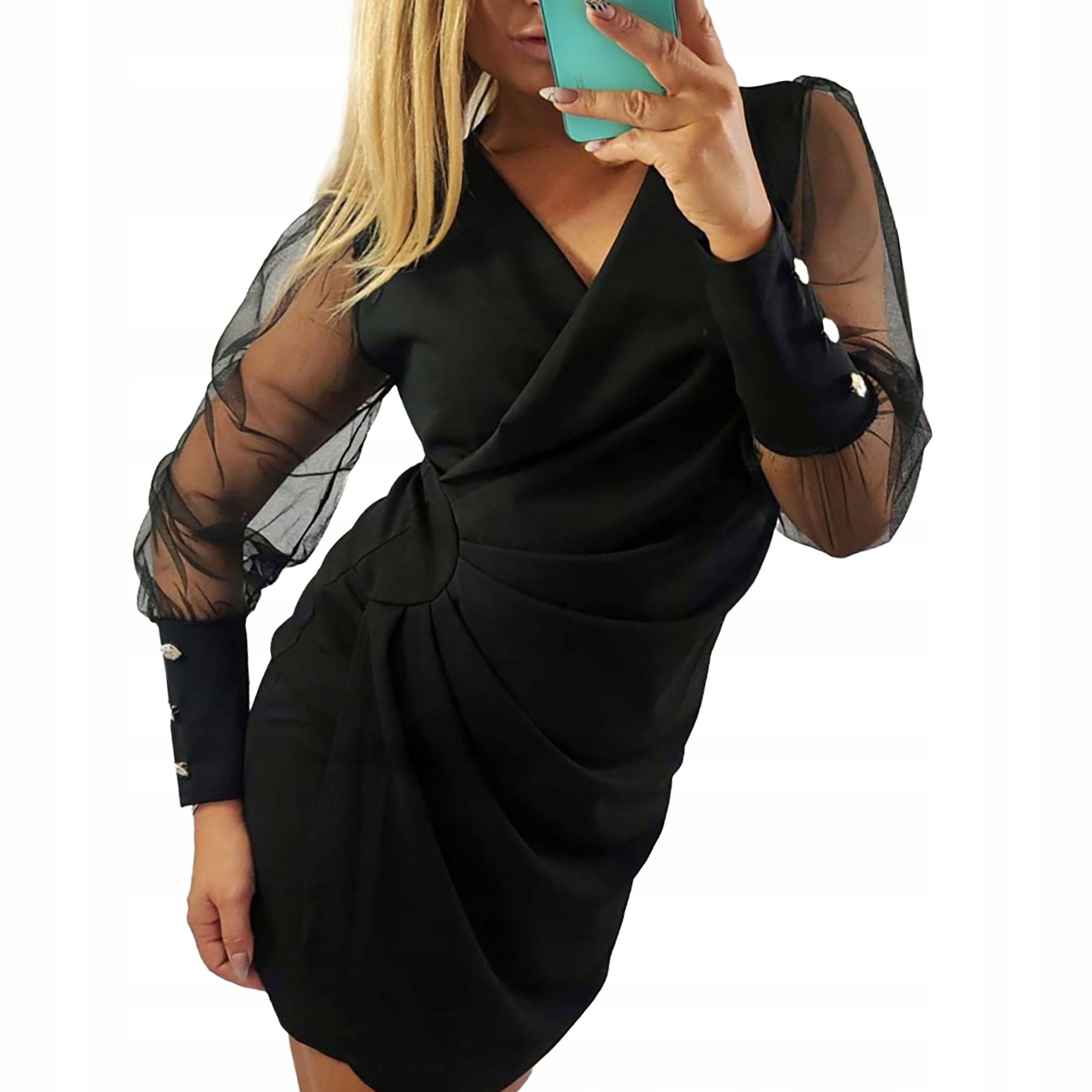 V392 Šaty Obálkové S Tylovým Rukávem Černé vel. 44 (2XL)